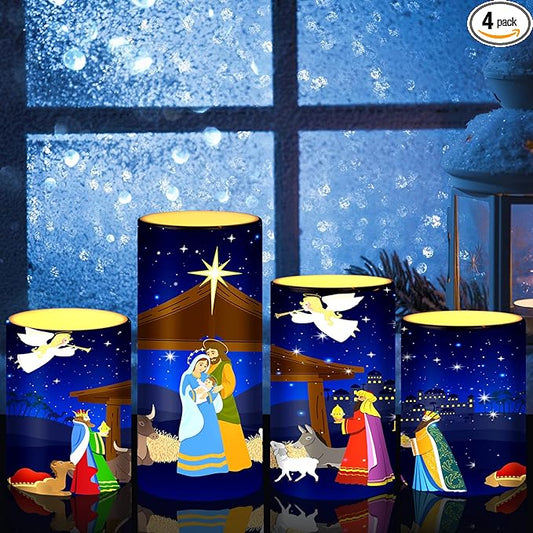 Tiamon Christmas Nativity Scene Candles LED Religious Theme Flameless Candles Battery Operated LED Warm Light Flickering Pillar for Xmas Holiday Table Decorations(Vivid)