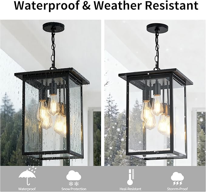 Modern Outdoor Pendant Light with Dual E26 Base Socket, Black Chandelier with Clear Glass Shade, Exterior Hanging Lantern for Front Porch Entrance Foyer Entryway
