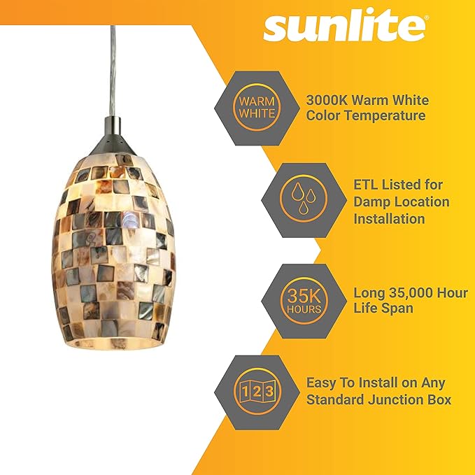 Sunlite 11 Inch LED Decorative Pendant Light Fixture, 9 Watts (60 Watt Equivalent), 800 Lumens, Dimmable, Glass Shade, Brushed Nickel Finish, ETL Listed, Venice