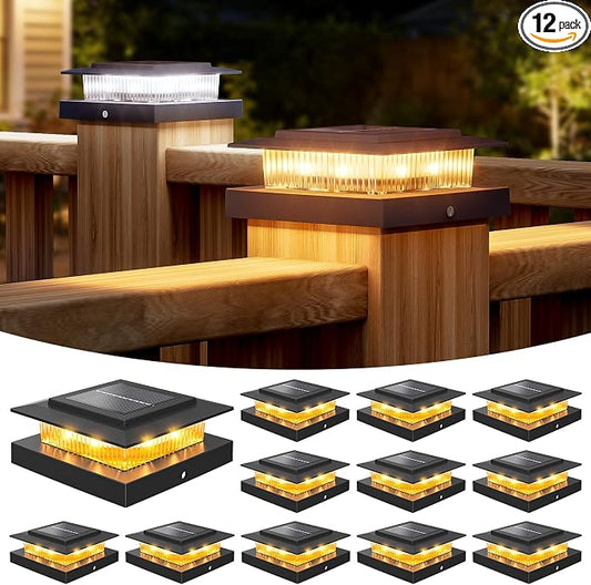 NIORSUN Solar Post Cap Lights Outdoor Waterproof, 4x4 Post Solar Lights 2 Color Modes, Fence Posts Solars Light for Deck Patio Garden Decoration, 4x4 Posts Caps Wood Vinyl, 12 Pack (Black)