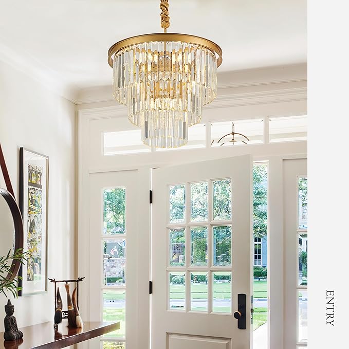 8-Light Gold Crystal Pendant Light, 3-Tier 17.76" Luxury Crystal Pendant Light Perfect for Dining Room, Bedroom, Kitchen, Living Room