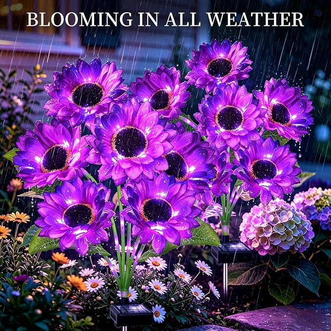 Solar Lights Outdoor, Gift for Women Mom Grandma Friends, 4 Pack 24 Solar Purple Sunflower Lights, Solar Flower Lights Waterproof, Outside Sunflower Decor Lights For Landscape Yard Patio Lawn Pathway