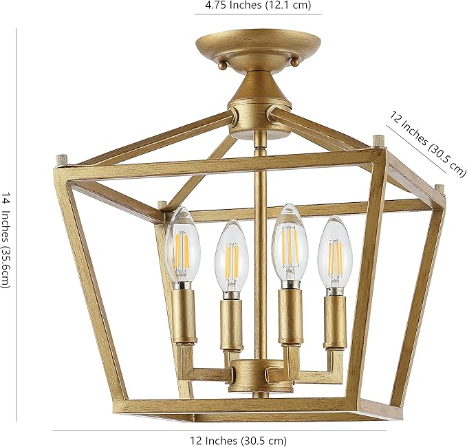 JONATHAN Y 12" Brass Gold Modern Farmhouse Pagoda 4-Light LED Semi Flush Mount Lantern, Metal Ceiling Light Fixture for Kitchen, Hallway, Entryway, Bedroom, Hardwired (JYL7610B)
