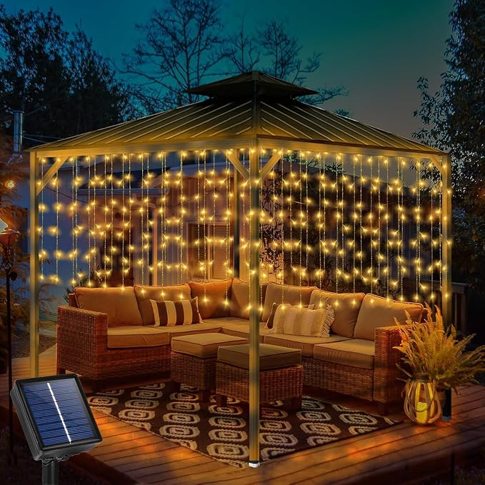 32.8 * 3.28FT Large Size Solar Curtain Icicle Lights Outdoor, 8 Modes Outdoor String Icicle Curtain Lights, Solar Christmas Garden Light for Patio, Gazebo, Eaves, Fence, Tree, Porch (Warm White)