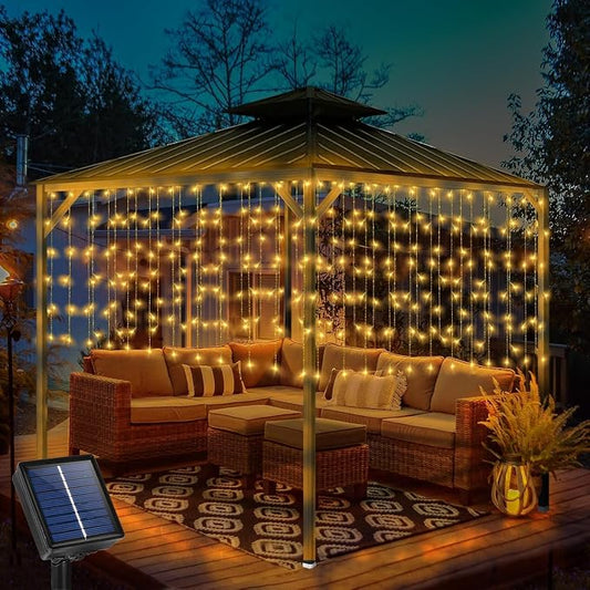 32.8 * 3.28FT Large Size Solar Curtain Icicle Lights Outdoor, 8 Modes Outdoor String Icicle Curtain Lights, Solar Christmas Garden Light for Patio, Gazebo, Eaves, Fence, Tree, Porch (Warm White)