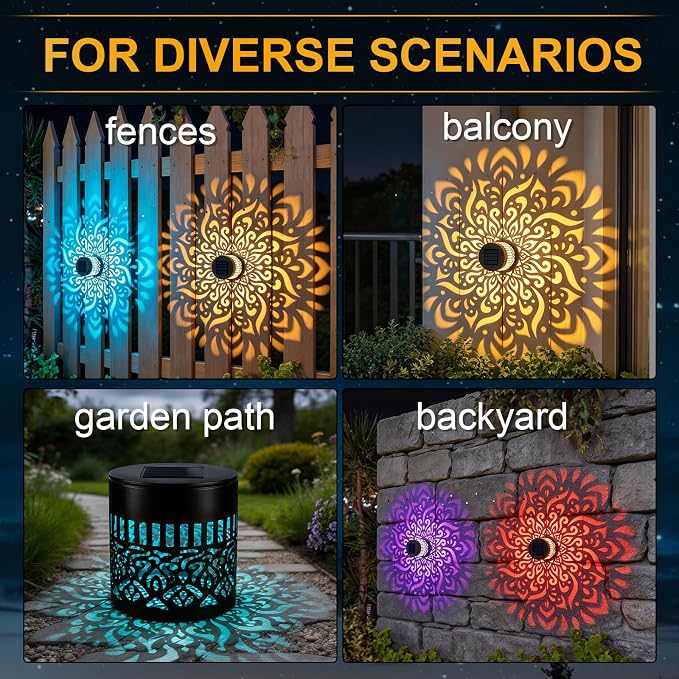 2PCS Solar Mandala Wall Lights Outdoor, Colorful Waterproof Solar Fence Lights, Decorative Solar Mandala Lights, Solar Powered Outdoor Deck Step Wall Lights, for Terrace, Courtyard, Backyard
