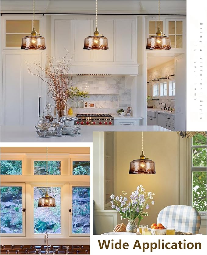 Glass Pendant Lights Kitchen Island Dimmable Mini Pendant Lighting Amber Glass Lampshade for Bedside Dining Room Foyer, Brass