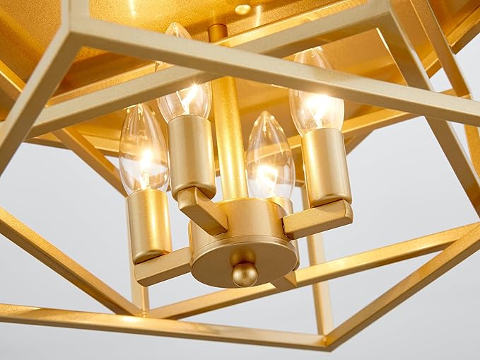 Square Ceiling Light, 4-Light Flushmount Modern Close to Ceiling Light Fixture for Living Room, Bedroom, Dining Room, L13 x W13 x H7 inch, Gold Finish Frame