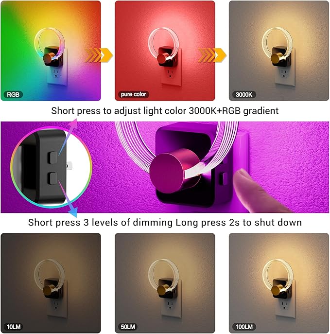 JandCase Night Light, Color Changing Night Lights Plug into Wall, RGB Nightlight with Light Sensor, 180° Rotatable Plug in Nightlights, Dimmable Ring Acrylic Night Light for Kids Gifts Hallway, 1 Pack