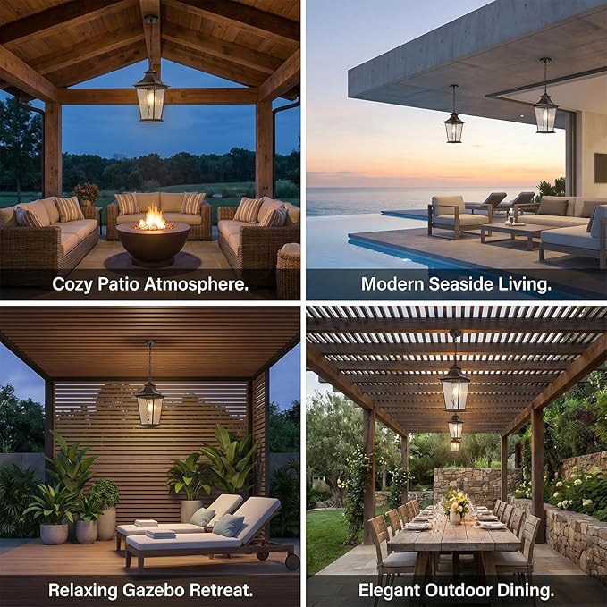 16.4 Inch Black Hanging Porch Lights Outdoor Waterproof Aluminum Outdoor Pendant Light Dusk to Dawn Exterior Hanging Light Fixture for Gazebo E26 Socket