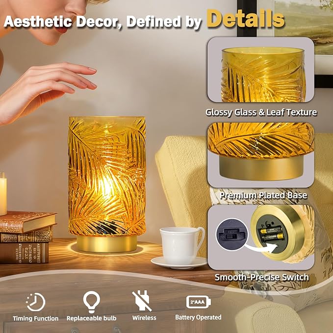 Battery Operated Table Lamp, Cordless Lamps for Home Decor, Battery Powered Nightlight with LED Bulb with Timer, Decorative Lights for Living Room Bedroom Tabletop Entryway Centerpiece Gift(S Yellow)