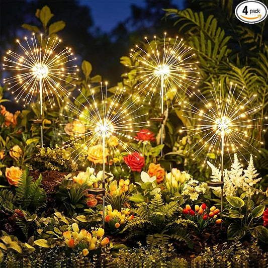 Brightown 4 Pack Garden Decor Solar Lights Outdoor Decorative,150LED Firework Lights for Outside,8 Modes Solar Powered Stake Fairy Light for Yard Pathway Flowerbed Patio Christmas Decor,Warm White