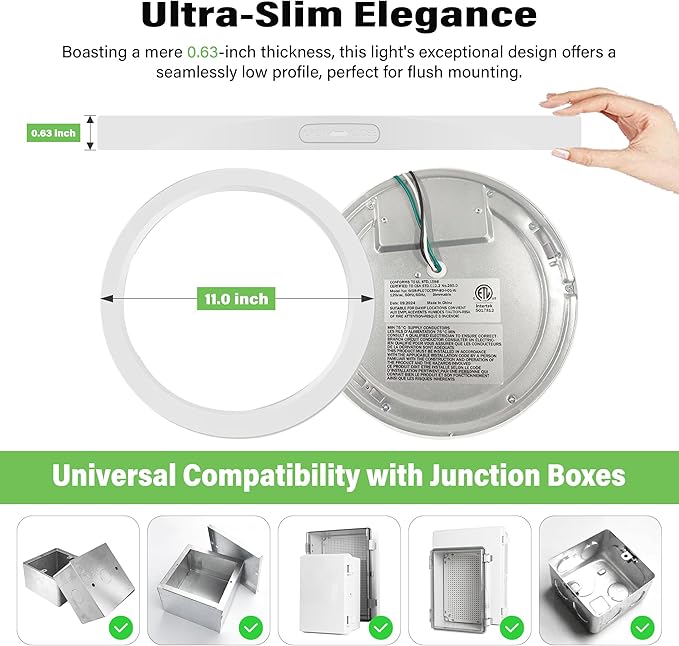 Flush Mount Ceiling Light Fixture - ETL Certified -11 Inch Dimmable 5000K Daylight White LED, 0.63'' Ultra Thin Round Design for Bedroom, Bathroom, Kitchen, Hallway, Basement, Closet (9-Pack)‌