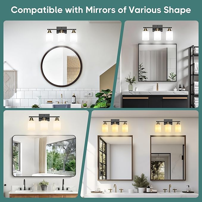 Ascher Bathroom Light Fixtures, 3-Light Vanity Light Over Mirror, Black and Gold Wall Sconces with Milky White Frosted Glass Shades, Wall Lamp for Living Room Bedroom, E26 Base(Bulbs Not Included)