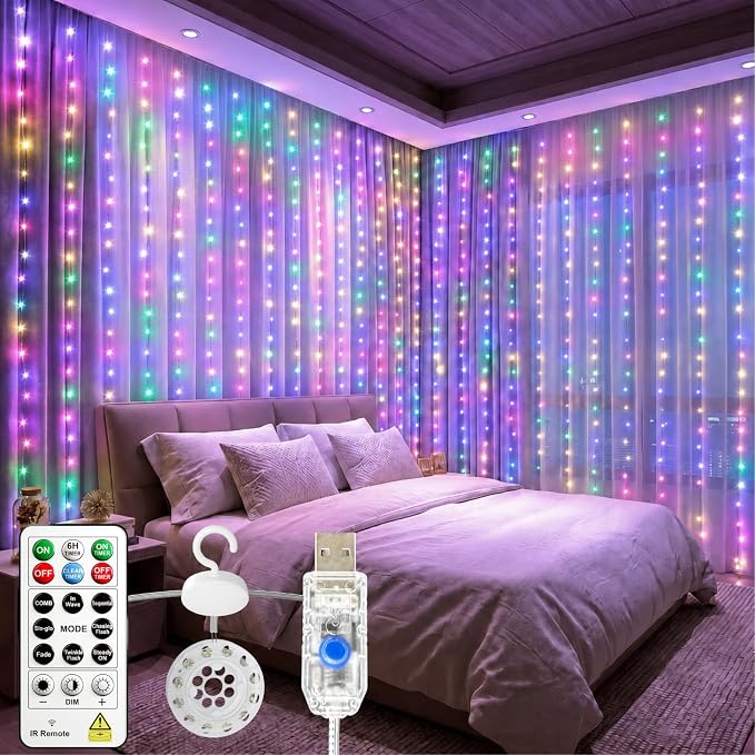 HXWEIYE 300LED Untangled Curtain Lights, 9.8x9.8Ft USB Fairy Twinkle String Lights with Remote and DIY Timer, 8 Modes Window Wall Hanging Light for Bedroom Dorm Backdrop Room Decor, Multicolor