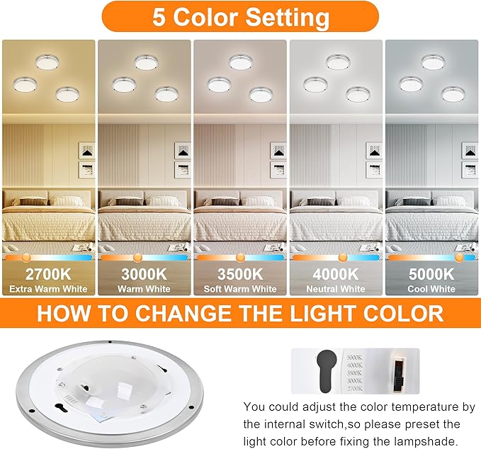 7.5 Inch Round Brushed Nickel Ceiling Light Fixture - Flush Mount LED Kitchen Ceiling Lamp 2700K/3000K/3500K/4000K/5000K Adjustable Brushed Nickel Bathroom LED Light for Bedroom 12W