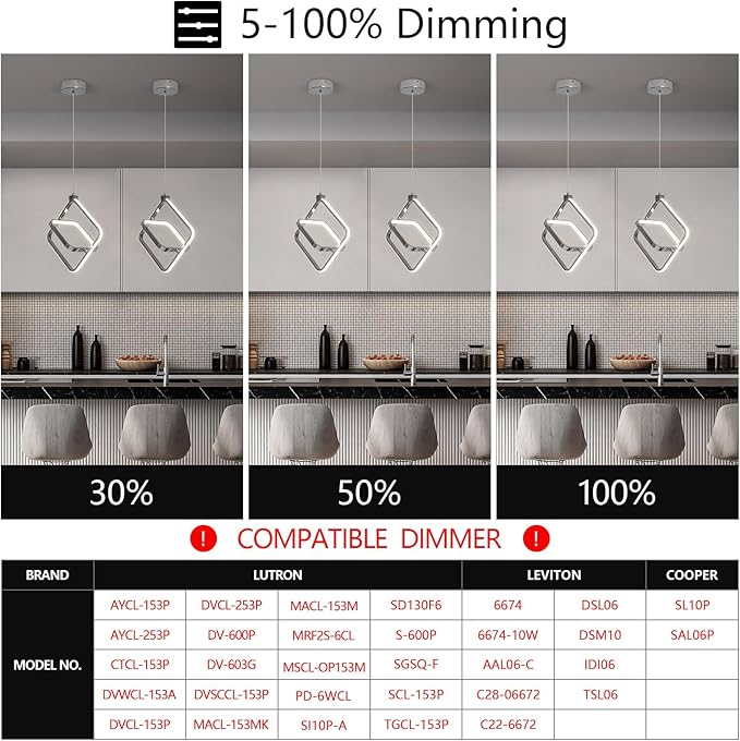 Modern LED Chandelier Chrome Rectangular Pendant Light Fixtures 4000K 20W Dimmable Height Adjustable Pendant Lighting for Dining Room Kitchen Island Bedroom Living Room Foyer（2-Pack）