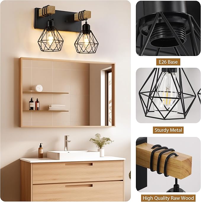 Farmhouse Vanity Light for Bathroom, 2-Light Wood Bathroom Vanity Light Fixtures Over Mirror, Rustic Sconces Wall Lighting with Metal Lampshade for Living Room, Bedroom, Hallway