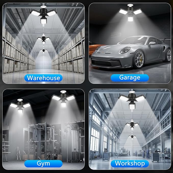 4 Pack Led Garage Lights, 60W Deformable Garage Ceiling Light 8000 lm E26 Basement Lights with 3 Adjustable Led Panels, Fits for Warehouse, Workshop, Barn, and Yard