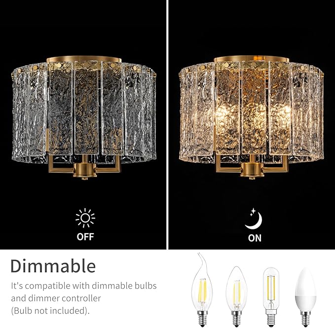 3-Light Modern Ceiling Light for Living Room, Bedroom, Foyer, Kitchen, Close to Ceiling Flushmount Light Fixture, D12.6 x H10.4 in, Handmade Glass Shade & Gold Finish Frame