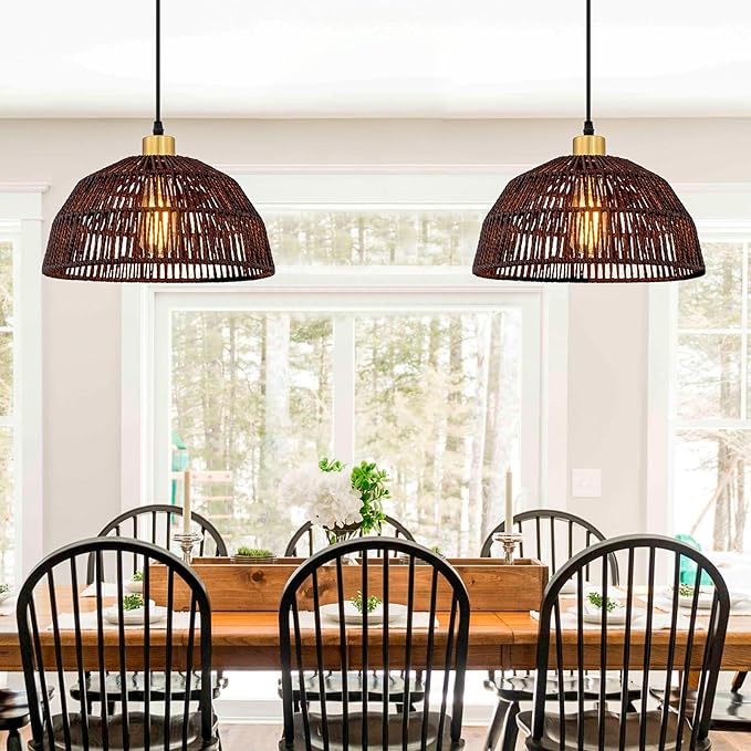 Cinkeda Plug in Pendant Light, Hanging Lights with 15ft Cotton Cord & Stepless Dimming Switch, Handwoven Hemp Rope Lampshade, Black Rattan Lamp for Dining Room,Hallway