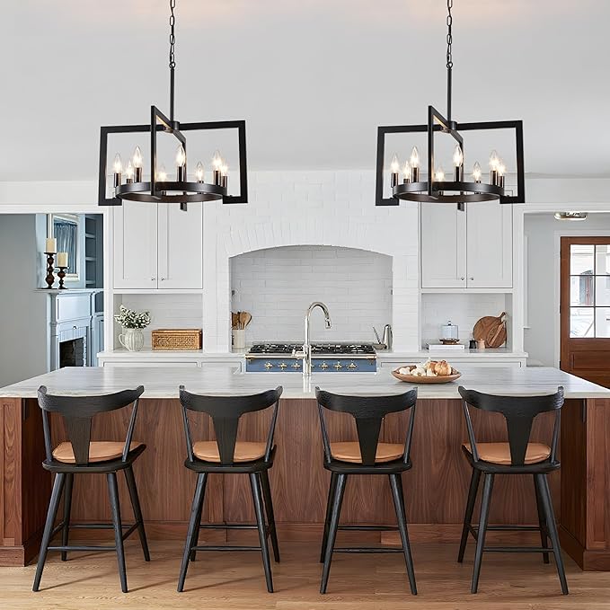 21.65" Modern Black Chandelier 8-Lights Geometric Industrial Round Pendant Light, Hight Adjustable, Vintage Light Fixtures for Kitchen Island Dining Room Living Room and Foyer