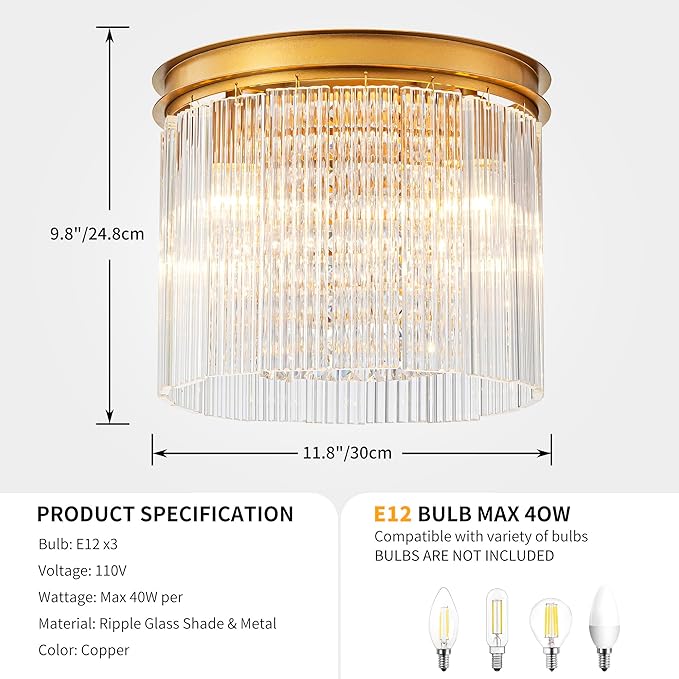 3-Light Drum Ripple Glass Ceiling Lights, Modern Style Flushmount Light Fixture for Kitchen, Bedroom, D12 * H10 inch, Ripple Glass Shade & Brass Finish Canopy