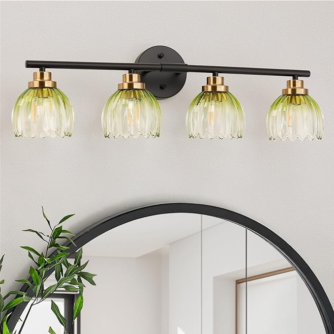 TALOYA Bathroom Vanity Light Fixtures, 4-Light Modern Black and Gold Wall Lights for Mirror, Green Tulip Glass Shades Over Sink Lighting for Bedroom, Living Room, and Hallway,Farmhouse