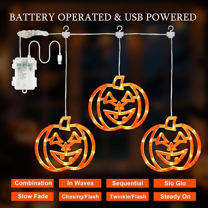 Halloween Window Lights,3 Pack 48LED Pumpkin String Light with Battery Operated,Timer Memory Hanging Orange Halloween Light for Spooky Decor Outdoor Indoor Curtain Home Party Gift