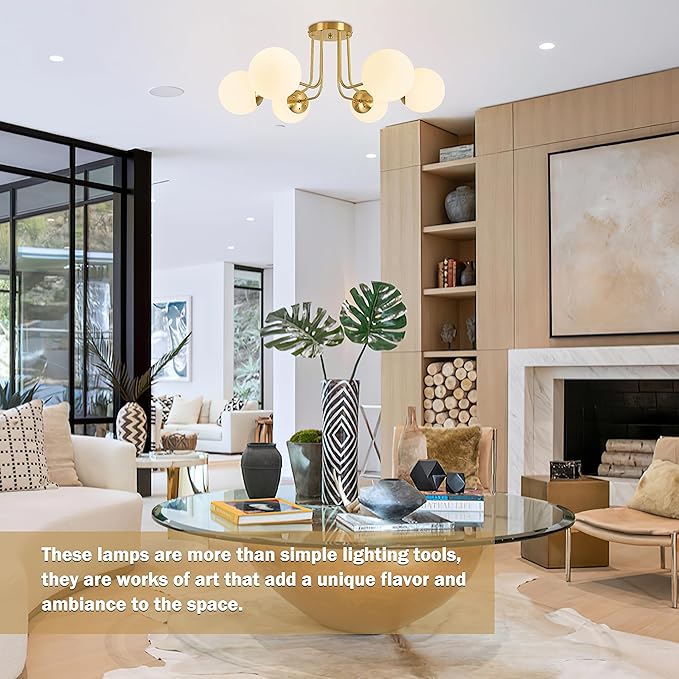 KoKo&Yukina 6-Light Mid Century Ceiling Light Modern Semi Flush Mount Ceiling Light Fixture Globe Ceiling Light with Milk Glass Shade Brushed Brass Finish for Bedroom Hallway Dining Room Living Room