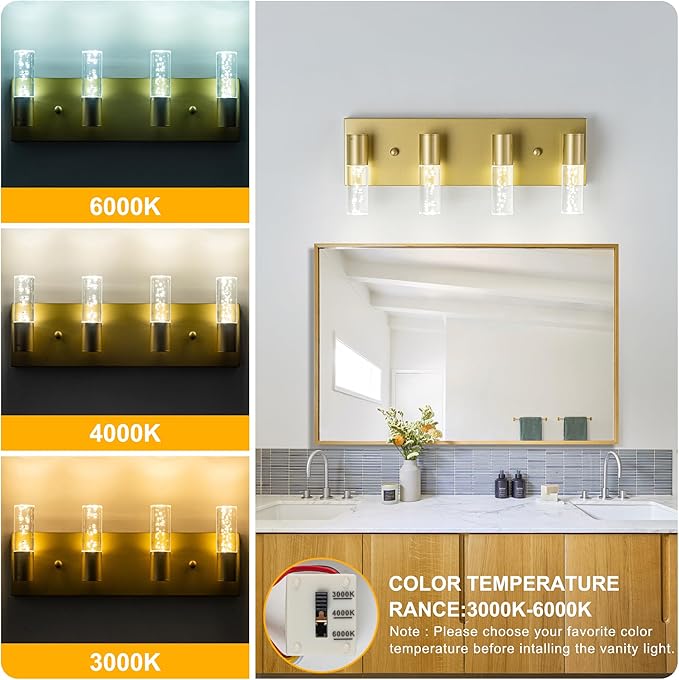 Bathroom Vanity Light Fixtures Over Mirror Brushed Golden Finish Coating, 4 Light Vanity Lights, Wall Sconces Fixture Vanity Lighting for Bathroom