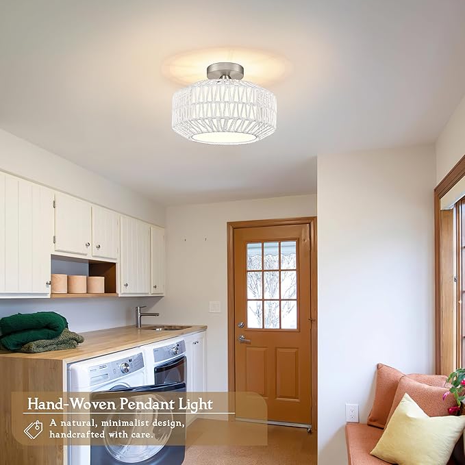 12.6 inch White Rattan Ceiling Light Fixture Boho Ceiling Light Hand-Woven Rattan Chandelier Fabric Shade Boho Chandelier for Dinning Room Kitchen (Bulb Incl.)