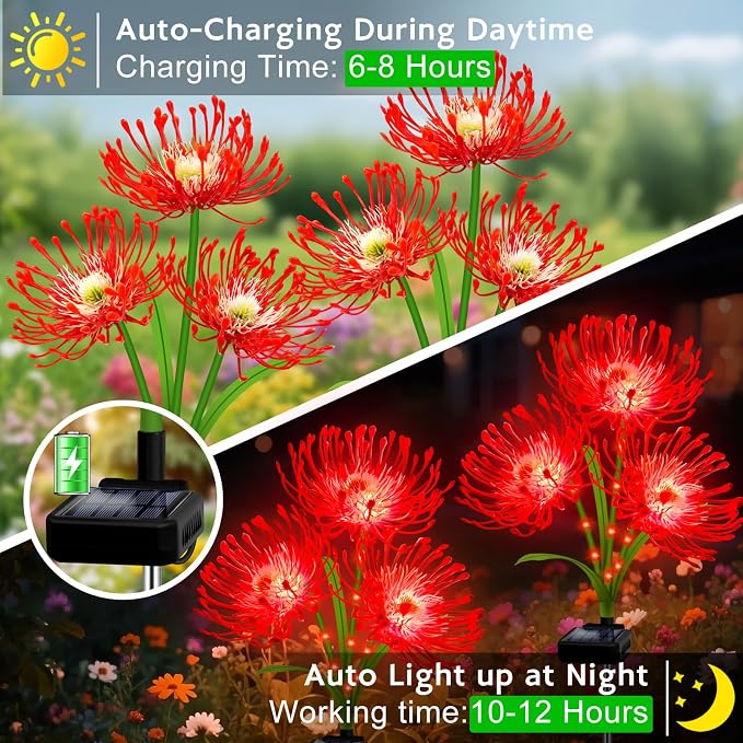 Solar Garden Flower Lights Outdoor, 4 Pack Red Spider Lily with Glowing Stems, Waterproof LED Yard Lawn Pathway Decor, Elegant Patio Garden Decoration, for Mom, Grandma, Women