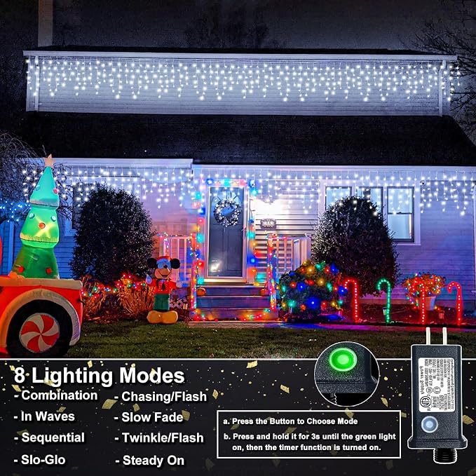 Icicle Christmas Lights Outdoor - 98FT 1216 LED Icicle Lights for Outside with 8 Modes Timer, 228 Drops Waterproof Hanging String Light Indoor for House Eaves Patio Wedding Decorations, Cool White