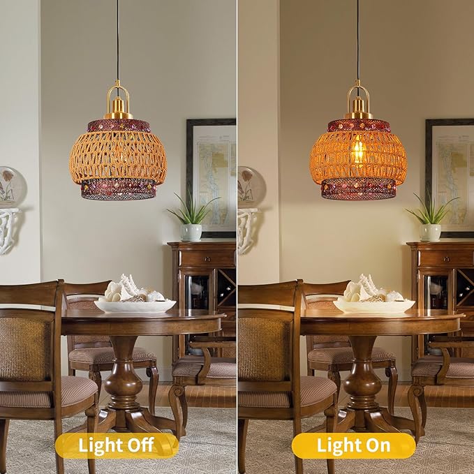 12.6-inch Vintage Burgundy Bohemian cage Chandelier, mid-Century Wicker Tiffany-Style lamp, Suitable for Kitchen Island, Farmhouse Dining Room, bar, Coffee Shop~