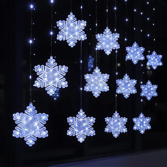 BLOOMWIN Christmas Fairy Curtain Lights 9.8ft Snowflake Lights USB Christmas Indoor Decorations 204LEDs Twinkle Lights with Remote for Bedroom Xmas - Cool White