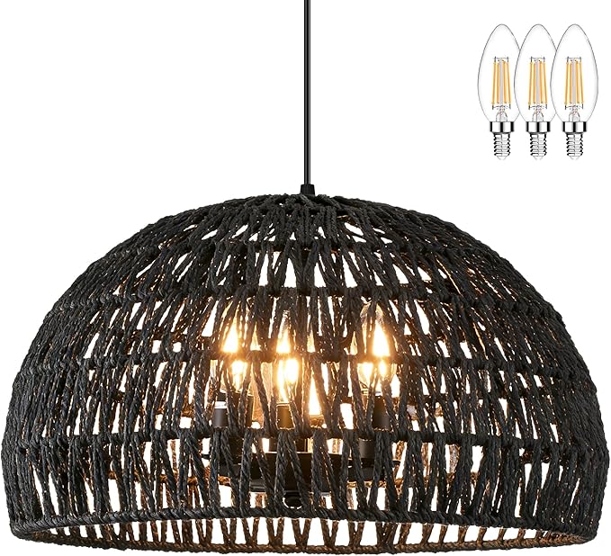 17.6” Black Woven Pendant Lights Boho Chandelier Light Fixture 3-Light Wicker Pendant Lights Rattan Light Pendant Dome Pendant Wicker Light Fixture for Dining Room Bedroom(Bulb Incl.