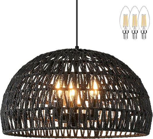 17.6” Black Woven Pendant Lights Boho Chandelier Light Fixture 3-Light Wicker Pendant Lights Rattan Light Pendant Dome Pendant Wicker Light Fixture for Dining Room Bedroom(Bulb Incl.