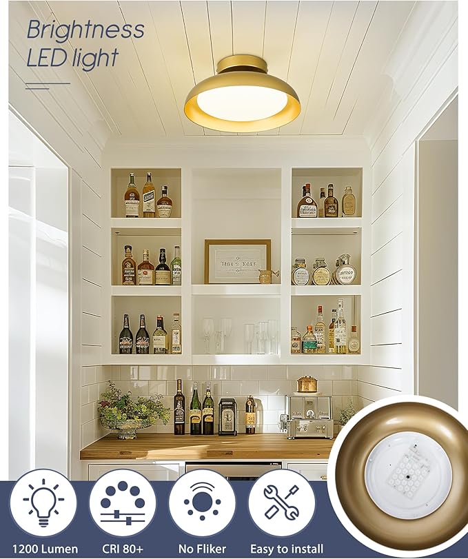 kudos Gold Ceiling Light 2PK, 12 Inch LED Semi Flush Mount Ceiling Light Fixture, 12W/700Lm Ceiling Lights for Kitchen, Bathroom, Hallway, 3000K/4000K/6000K Adjustable,KDCL01-GD-2PK