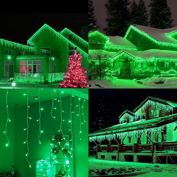 Hopolon Green Christmas Icicle Lights, 33FT 360 LED 60 Drops | Waterproof connectable curtain string lights with 8 modes and memory, for outdoor St. Patrick’s Day, party, holiday decor