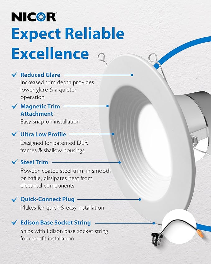 Recessed Ceiling Lights LED Downlight - 5/6 inch LED Recessed Light Fixtures - Selectable CCT 2700K-5000K, 918 Lumens, 10.3W - DLR56 Retrofit Ceiling Light, White Baffle, 12-Pk by NICOR Lighting