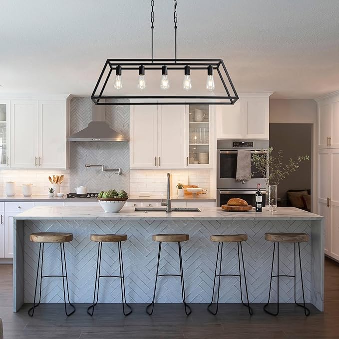 Black 5-Light Farmhouse Kitchen Island Lighting, Modern Industrial Linear Rectangle Chandelier Pendant Light Fixtures, Metal Vintage Cage Chandelier for Dining Room Kitchen Bar Foyer, E26 Base