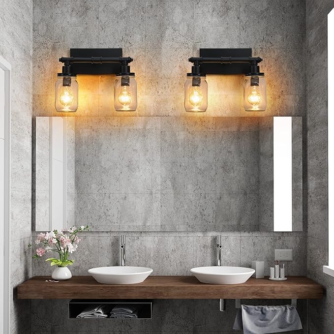 2 Light Bathroom Vanity Light Black Bathroom Light Fixture, Industrial Farmhouse Wall Sconce with Glass Shades, Mason Jar Vanity Light Fixture, Pipe Wall Lamp for Mirror Bedroom Hallway Living Room