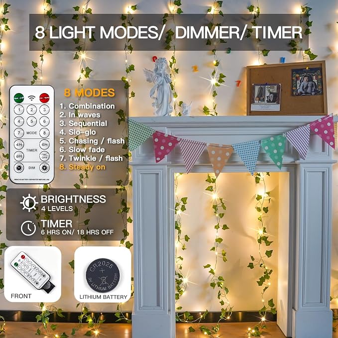 suddus Vines with Light for Bedroom, 200 LED Fairy Lights with Vines, Ivy Curtain Lights for Dorm, Wedding, Party, Wall, Indoor, Outdoor Decor, 6.5ft x 6.5ft（2 Pack