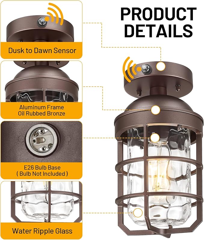 Outdoor Ceiling Lights for Porch with Dusk to Dawn Sensor, Outdoor Semi Flush Mount Ceiling Light Fixture with Water Ripple Glass for Front Porch Entryway Patio