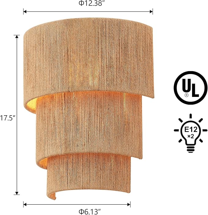 Set of 2 Hand Woven Rattan Wall Sconces 3 Round Transitional Minimalist Boho Wall Lights Coastal Wall Lamp for Bedside Hallway Vanity Stairway Fireplace Living Room, UL Listed