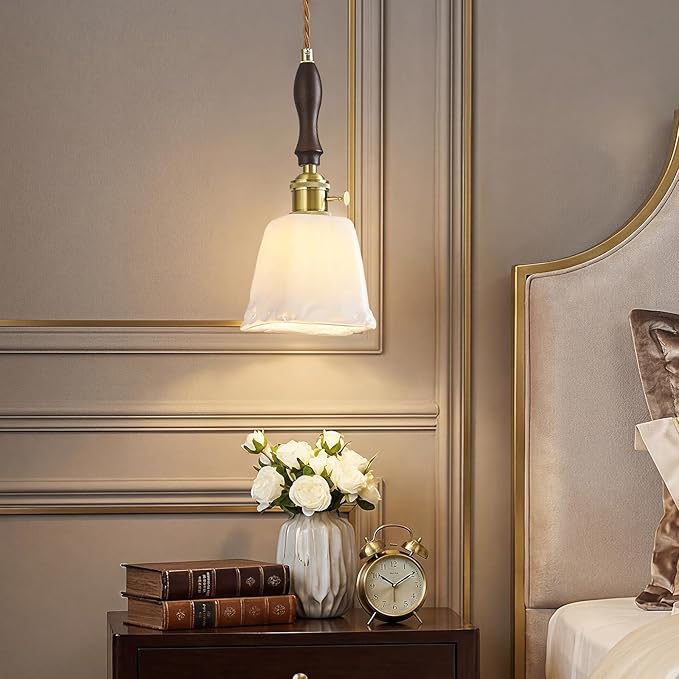 Mini Pendant Light Milky White Glass Pendant Lights Vintage Brass Pendant Lighting Kitchen Island Hanging Lamp with Wood Handle for Bedroom Dining Room (2 Pack)