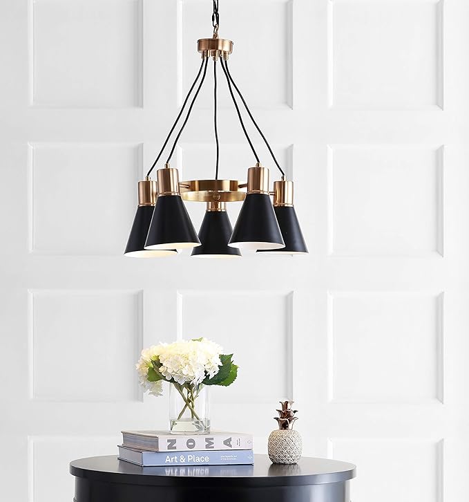 JONATHAN Y 22" Black/Brass Gold Apollo Mid-Century Modern Iron LED Pendant, Black Metal Shade, Adjustable Hanging Ceiling Light for Kitchen Island, Hallway, LED Bulb Included (JYL6135A)