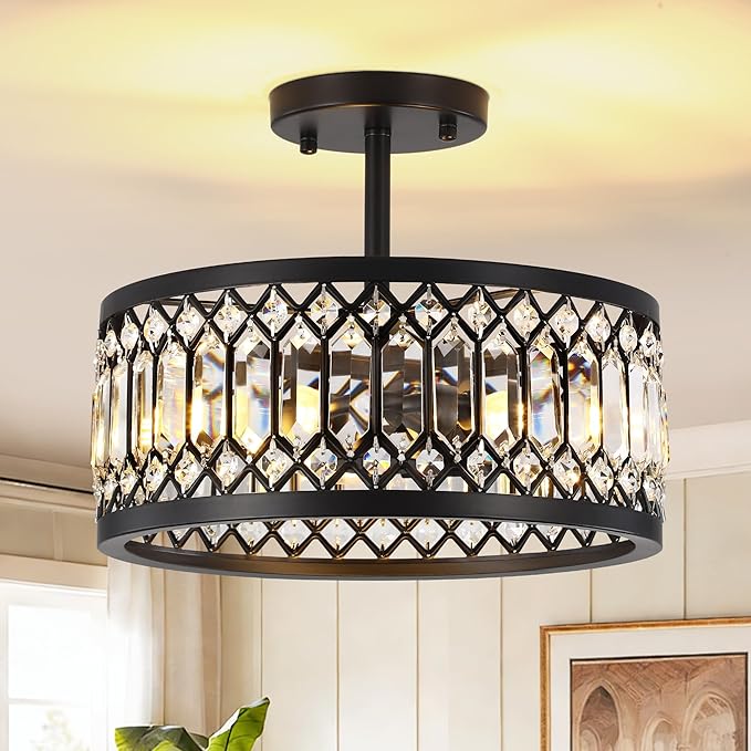 CNRATYE 12.6" Crystal Semi Flush Mount Ceiling Light Fixture, 3-Light Antique Black Hallway Light Fixtures, Round Chandelier for Bathroom Entryway Closet Bedroom Kitchen Dining Room