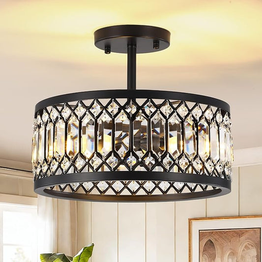 CNRATYE 12.6" Crystal Semi Flush Mount Ceiling Light Fixture, 3-Light Antique Black Hallway Light Fixtures, Round Chandelier for Bathroom Entryway Closet Bedroom Kitchen Dining Room